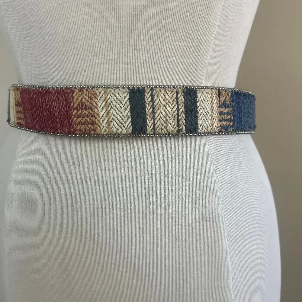 Vintage Multicolor Striped Tapestry Belt w silver Bead Edges Boho Maximalist 80s